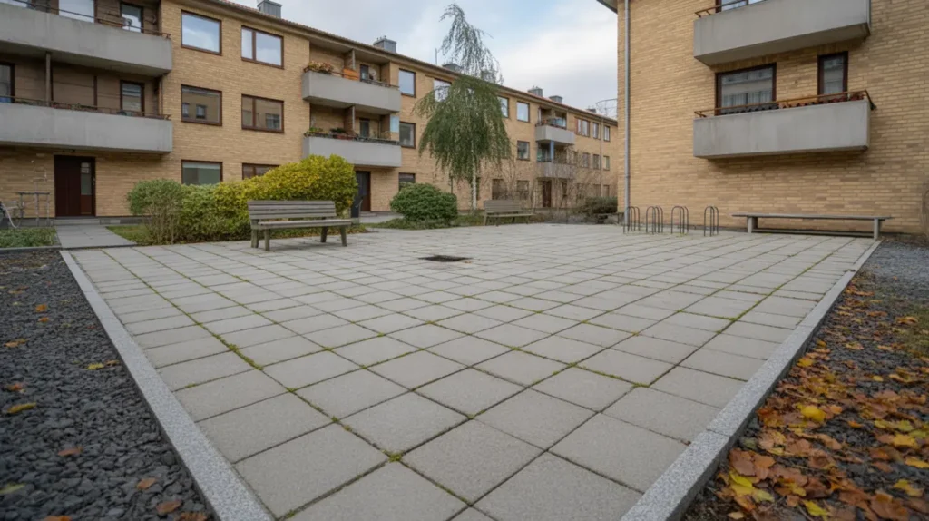 oml ggning av marksten p innerg rd vid flerbostadshus i norra f laden lund